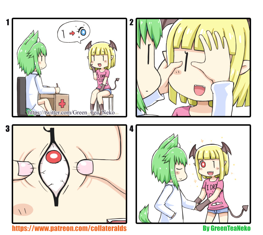 2girls 4koma :&gt; absurdres animal_ears artist_name bangs blonde_hair blunt_bangs blush chair closed_eyes comic commentary_request demon_tail desk green_hair greenteaneko hand_in_pocket handshake head_wings highres labcoat monster_girl motion_lines multiple_girls one_eye_closed open_mouth opening_eyes original pointy_ears red_eyes short_hair short_shorts shorts silent_comic simple_background sitting smile sparkle speech_bubble stool tail uneven_eyes watermark web_address whiskers white_background |_|