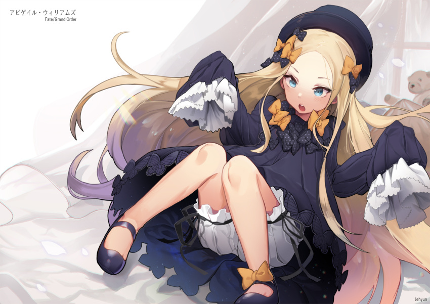 1girl :o abigail_williams_(fate/grand_order) artist_name bangs bare_legs black_bow black_dress blonde_hair bloomers blue_eyes bow butterfly copyright_name curtains dress english fate/grand_order fate_(series) floating_hair frilled_sleeves frills hair_bow hands_in_sleeves hands_up hat jehyun knees_together_feet_apart long_hair long_sleeves mary_janes on_bed open_mouth orange_bow parted_bangs pillow polka_dot polka_dot_bow ribbed_dress ribbon ribbon-trimmed_sleeves ribbon_trim shoe_bow shoes sitting solo stuffed_animal stuffed_toy surprised teddy_bear teeth top_hat tsurime underwear very_long_hair white_bloomers window