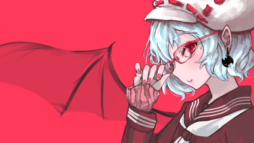 1girl alternate_costume bat_earrings bat_wings bespectacled blue_hair eyelashes from_side glasses hat hat_ribbon highres kanrobi looking_at_viewer mob_cap nail_polish neckerchief pointy_ears red-framed_eyewear red_eyes red_ribbon remilia_scarlet ribbon sailor_collar school_uniform serafuku smile solo sweater touhou upper_body white_hat wings