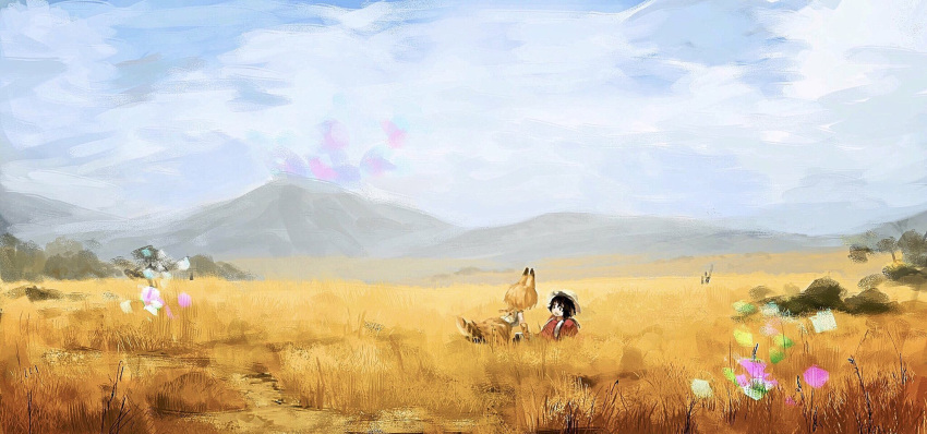 2girls all_fours animal_ears black_hair blonde_hair blue_sky hat highres kaatoso kaban_(kemono_friends) kemono_friends landscape looking_at_another lying mountain multiple_girls on_back savannah scenery serval_(kemono_friends) serval_ears serval_print serval_tail short_hair sky tail