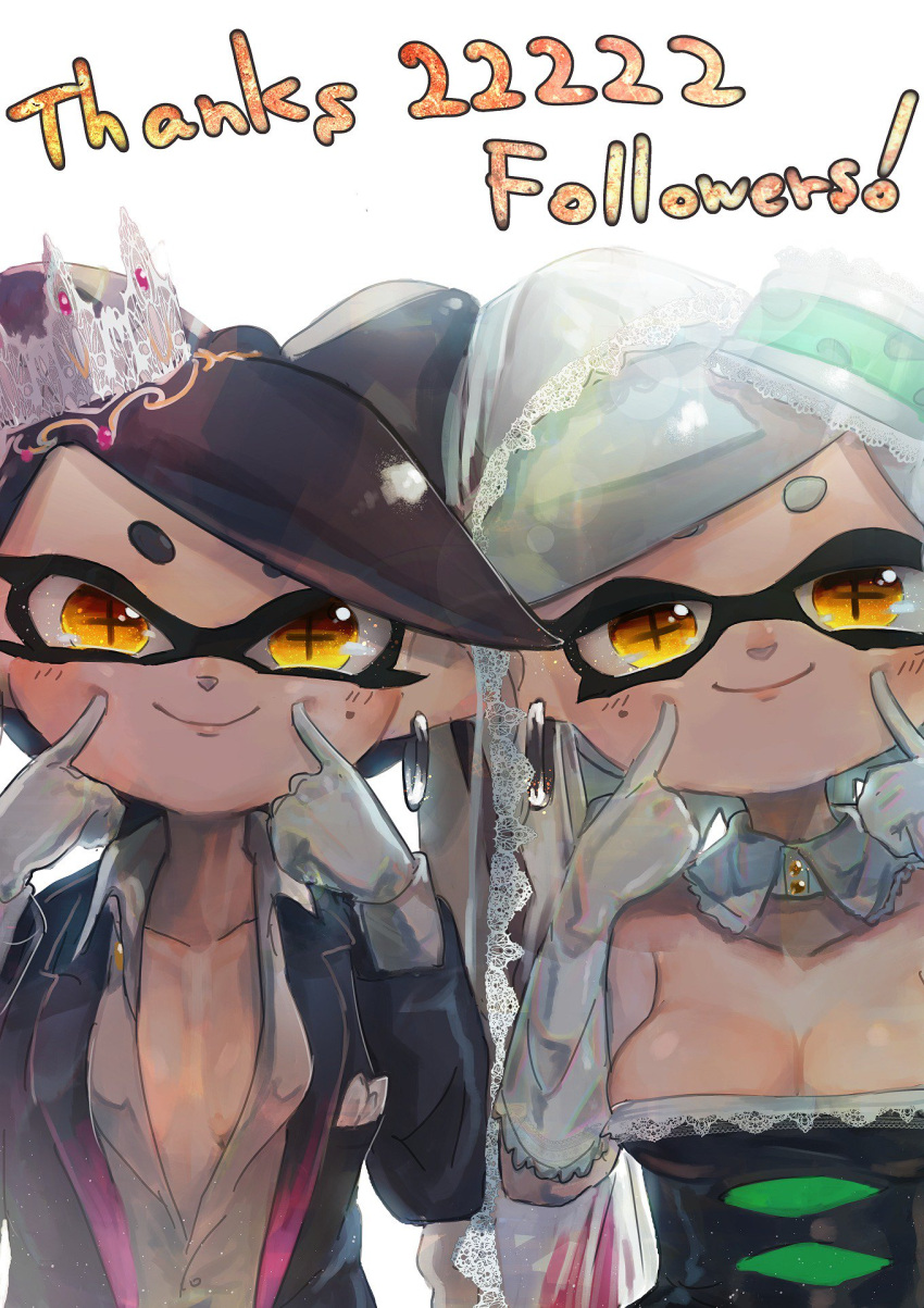 +_+ 2girls aori_(splatoon) black_hair blush breasts center_opening crop_top crown detached_collar detached_sleeves domino_mask earrings food food_on_head formal highres hotaru_(splatoon) jewelry kashu_(hizake) large_breasts long_hair mask medium_breasts mole mole_under_eye multiple_girls object_on_head pinstripe_suit smile splatoon splatoon_1 striped suit sushi tentacle_hair