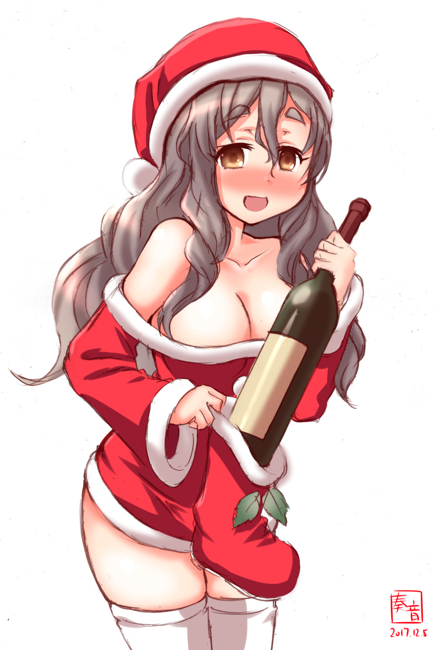 1girl bare_shoulders blush boot_removed bottle brown_eyes cowboy_shot dated dress drunk eyebrows_visible_through_hair grey_hair hat highres kanon_(kurogane_knights) kantai_collection logo long_hair looking_at_viewer pola_(kantai_collection) red_dress red_footwear santa_costume santa_hat simple_background solo standing thick_eyebrows thigh-highs wavy_hair white_background white_legwear wine_bottle