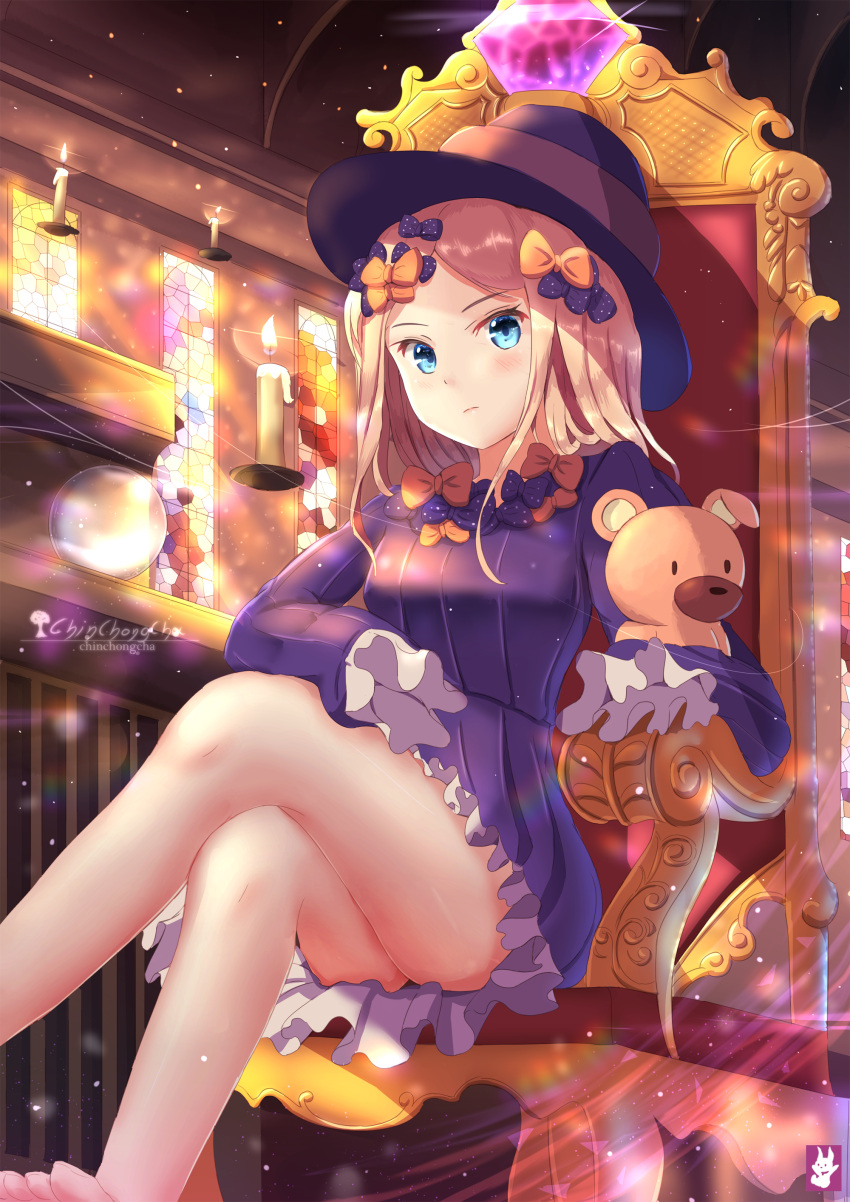 1girl abigail_williams_(fate/grand_order) absurdres arm_rest artist_name bangs bare_legs barefoot blonde_hair blue_eyes blush bow breasts candle chinchongcha closed_mouth commentary_request dress fate/grand_order fate_(series) frilled_dress frills gem hair_bow hands_in_sleeves hat head_tilt highres indoors legs_crossed long_hair long_sleeves looking_at_viewer object_hug orange_bow parted_bangs polka_dot polka_dot_bow purple_bow purple_dress purple_hat signature sitting small_breasts solo stained_glass stuffed_animal stuffed_toy teddy_bear throne