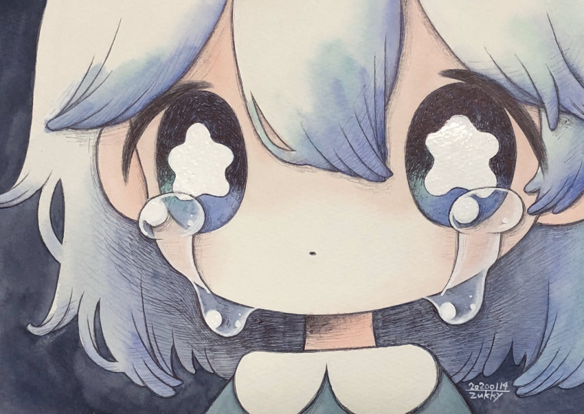 1girl bangs blue_eyes bright_pupils commentary_request dated expressionless hair_between_eyes highres looking_at_viewer medium_hair no_nose original portrait signature solo tears white_hair white_pupils zukky000