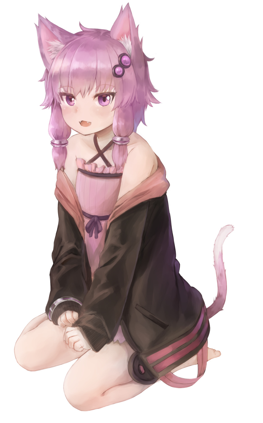 1girl :d animal_ears bangs bare_shoulders barefoot black_jacket cat_ears cat_girl cat_tail collarbone commentary_request criss-cross_halter dress eyebrows_visible_through_hair fangs full_body hair_between_eyes hair_ornament halterneck highres jacket kemonomimi_mode long_hair long_sleeves netamaru off_shoulder open_mouth pink_dress pink_eyes pink_hair simple_background sitting sleeves_past_wrists smile solo tail voiceroid wariza white_background yuzuki_yukari