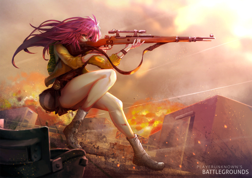 1girl black_skirt blood blood_on_face blue_eyes bolt_action building clouds cloudy_sky commentary copyright_name cuts dutch_angle english explosion fire frying_pan full_body gun hair_between_eyes headwear_removed helmet helmet_removed holding holding_gun holding_weapon injury jacket long_hair open_clothes open_jacket outdoors pink_hair playerunknown's_battlegrounds pleated_skirt profile rifle skirt sky socks weapon white_footwear white_legwear yan_mei yellow_jacket