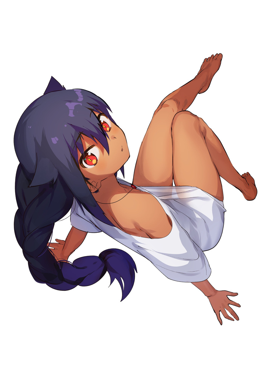 1girl absurdres arm_support bare_legs barefoot black_hair braid bright_pupils commentary_request eyebrows_visible_through_hair flat_chest from_above from_behind full_body hair_between_eyes hair_flaps highres jahy jewelry konbu_wakame leaning_back leg_up long_hair looking_at_viewer looking_back looking_up naked_shirt necklace orange_eyes parted_lips see-through_silhouette shirt simple_background single_braid solo thigh_gap white_background yumemiru_prima_girl