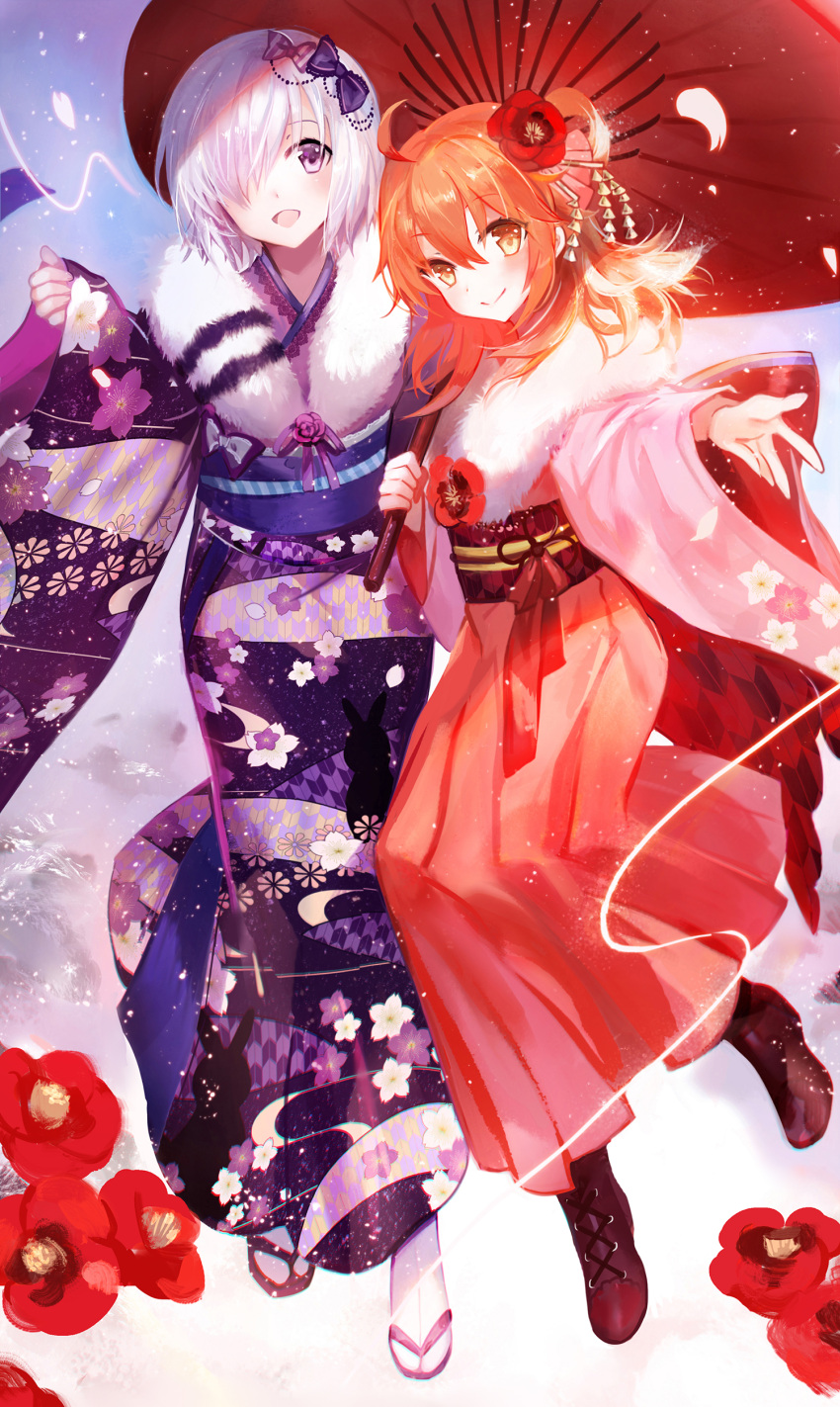 2girls :d absurdres animal_print bangs blush boots bow camellia eyebrows_visible_through_hair fate/grand_order fate_(series) floral_print flower fujimaru_ritsuka_(female) full_body fur_collar hair_between_eyes hair_bow hair_flower hair_ornament hair_over_one_eye hakama hand_up highres holding holding_umbrella japanese_clothes kanzashi kimono lavender_hair looking_at_viewer mash_kyrielight moemoe3345 multiple_girls open_mouth orange_eyes orange_hair oriental_umbrella outstretched_arm petals pink_bow pink_kimono pleated_skirt purple_bow purple_kimono red_flower red_skirt sandals short_hair skirt smile socks striped striped_bow umbrella violet_eyes white_legwear wide_sleeves