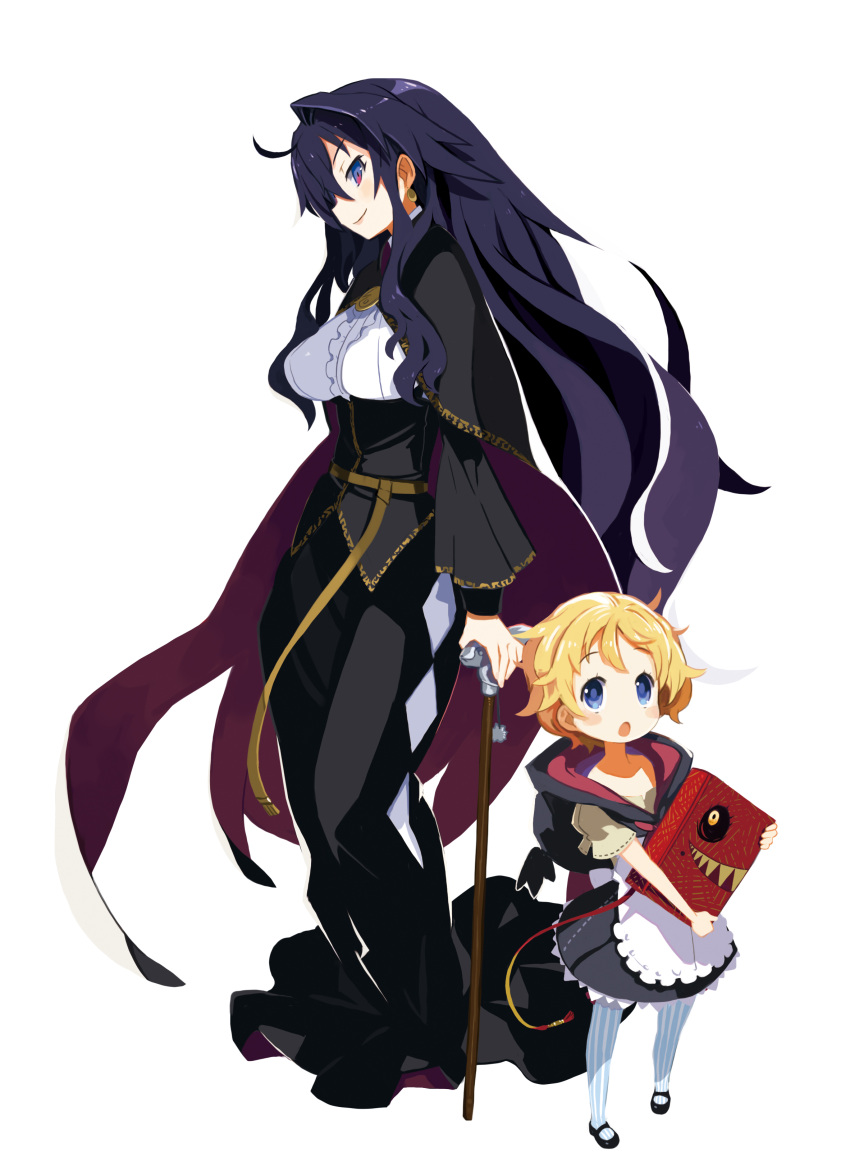 2girls :o absurdres black_hair blonde_hair blue_eyes book cane cape child dress dronia full_body harada_takehito highres holding holding_book long_hair long_sleeves multiple_girls official_art open_mouth refrain_no_chika_meikyuu_to_majo_no_ryodan short_hair short_sleeves simple_background skirt smile standing striped striped_legwear vertical-striped_legwear vertical_stripes violet_eyes white_background