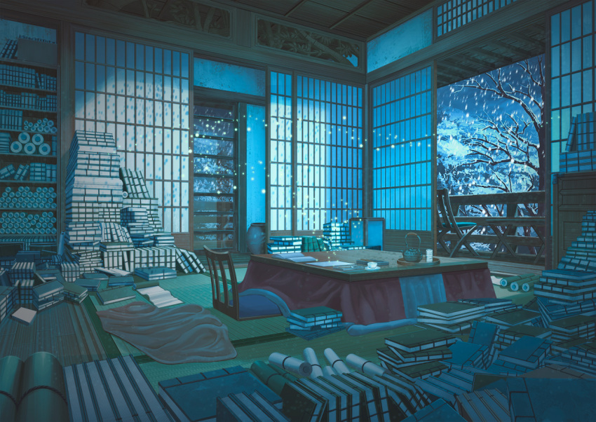 aruken bare_tree book book_stack bookshelf house indoors kotatsu night no_humans original scenery scroll shelf snow snowing table tatami teapot tray tree