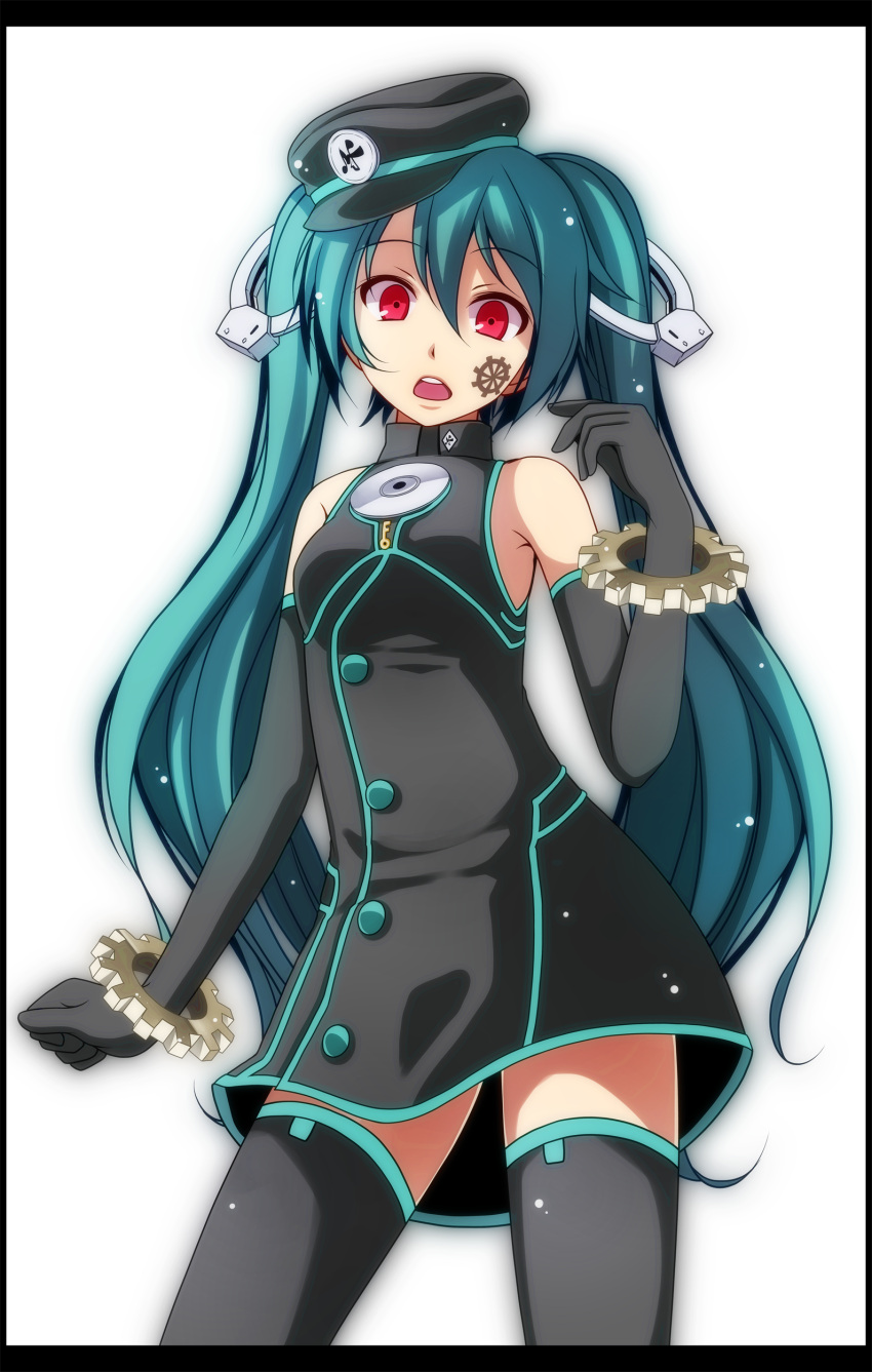 1girl :o absurdres arm_at_side bare_shoulders black_border black_dress black_gloves black_legwear border breasts buttons cd convenient_censoring dress elbow_gloves eyebrows_visible_through_hair facial_mark gears gloves hair_between_eyes hair_ornament hatsune_miku highres long_hair looking_at_viewer open_mouth project_diva_(series) red_eyes round_teeth sadistic_music_factory_(vocaloid) simple_background sleeveless sleeveless_dress small_breasts standing tareme teeth thigh-highs tsukishiro_saika twintails very_long_hair vocaloid white_background zettai_ryouiki