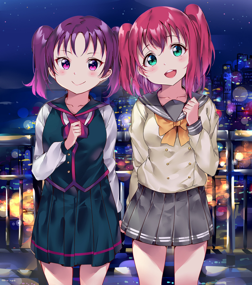2girls :d arm_at_side bangs bow bowtie city_lights clenched_hand collarbone cowboy_shot double-breasted green_eyes hand_up head_tilt highres kazuno_leah kurosawa_ruby long_sleeves looking_at_viewer love_live! love_live!_sunshine!! multiple_girls neckerchief night night_sky open_mouth pleated_skirt purple_hair railing redhead school_uniform serafuku skirt sky smile tem10 twintails two_side_up uranohoshi_school_uniform violet_eyes yellow_neckwear