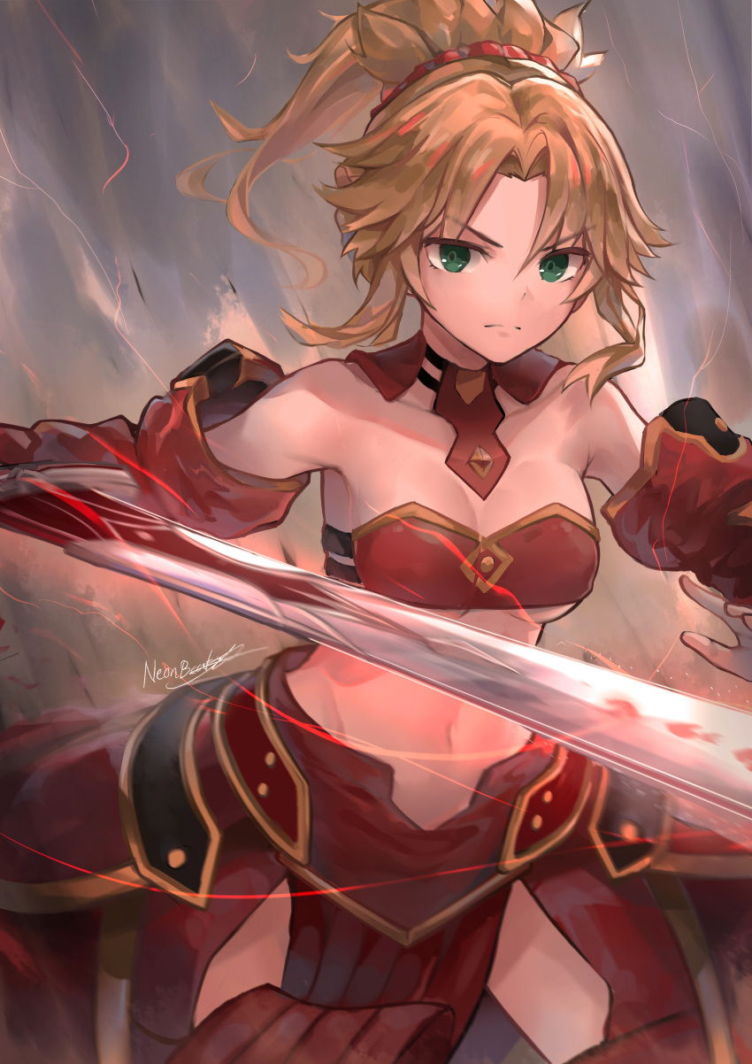 1girl absurdres blonde_hair bra breasts choker cleavage collarbone detached_sleeves eyebrows_visible_through_hair fate/apocrypha fate_(series) green_eyes groin hair_ornament hair_scrunchie high_ponytail highres holding holding_sword holding_weapon long_hair looking_at_viewer medium_breasts midriff mordred_(fate) mordred_(fate)_(all) navel neonbeat red_bra red_scrunchie red_skirt scrunchie signature skirt solo standing stomach sword under_boob underwear weapon