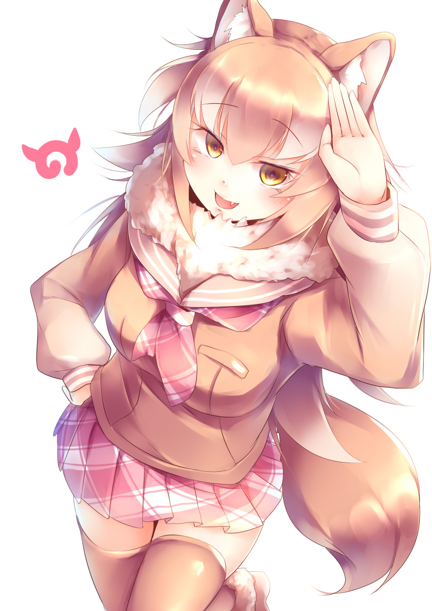 1girl :d absurdres animal_ears commentary_request fang fur_collar hand_on_hip highres japanese_wolf_(kemono_friends) japari_symbol kanzakietc kemono_friends light_brown_hair light_brown_legwear long_hair looking_at_viewer open_mouth orange_eyes plaid plaid_skirt pleated_skirt salute simple_background skirt smile solo tail thigh-highs white_background wolf_ears wolf_tail