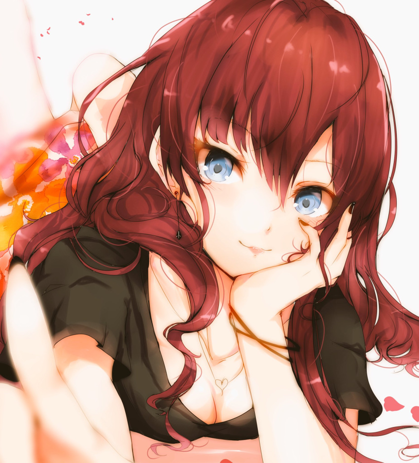 1girl :3 blue_eyes blush breasts chin_rest cleavage earrings highres ichinose_shiki idolmaster idolmaster_cinderella_girls jewelry lips long_hair looking_at_viewer lying nail_polish necklace on_stomach petals pointing pointing_at_viewer redhead ryuu. solo