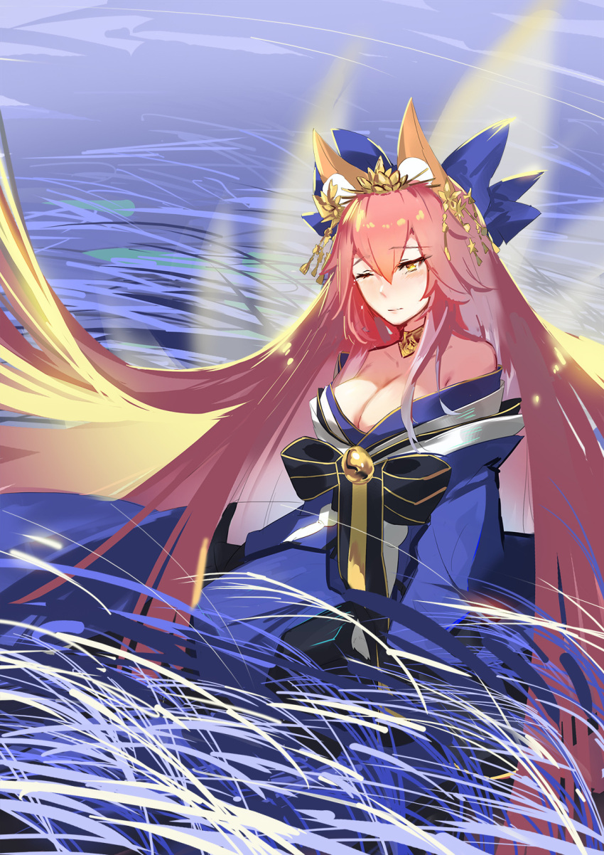 1girl animal_ears bare_shoulders blush breasts cleavage collarbone fate/grand_order fate_(series) fox_ears fox_tail grass highres japanese_clothes large_breasts long_hair multiple_tails nature off_shoulder one_eye_closed pink_hair sitting solo tail tamamo_(fate)_(all) tamamo_no_mae_(fate) tears very_long_hair yellow_eyes