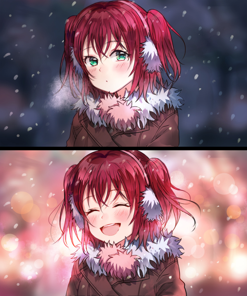1girl :d :o backlighting bangs blurry blush bokeh breath coat comic depth_of_field earmuffs eyebrows_visible_through_hair facing_viewer fur_collar fur_trim green_eyes highres hyugo looking_at_viewer love_live! love_live!_sunshine!! motion_blur open_mouth parted_lips redhead round_teeth silent_comic smile snowing tareme teeth two_side_up upper_body watanabe_you winter