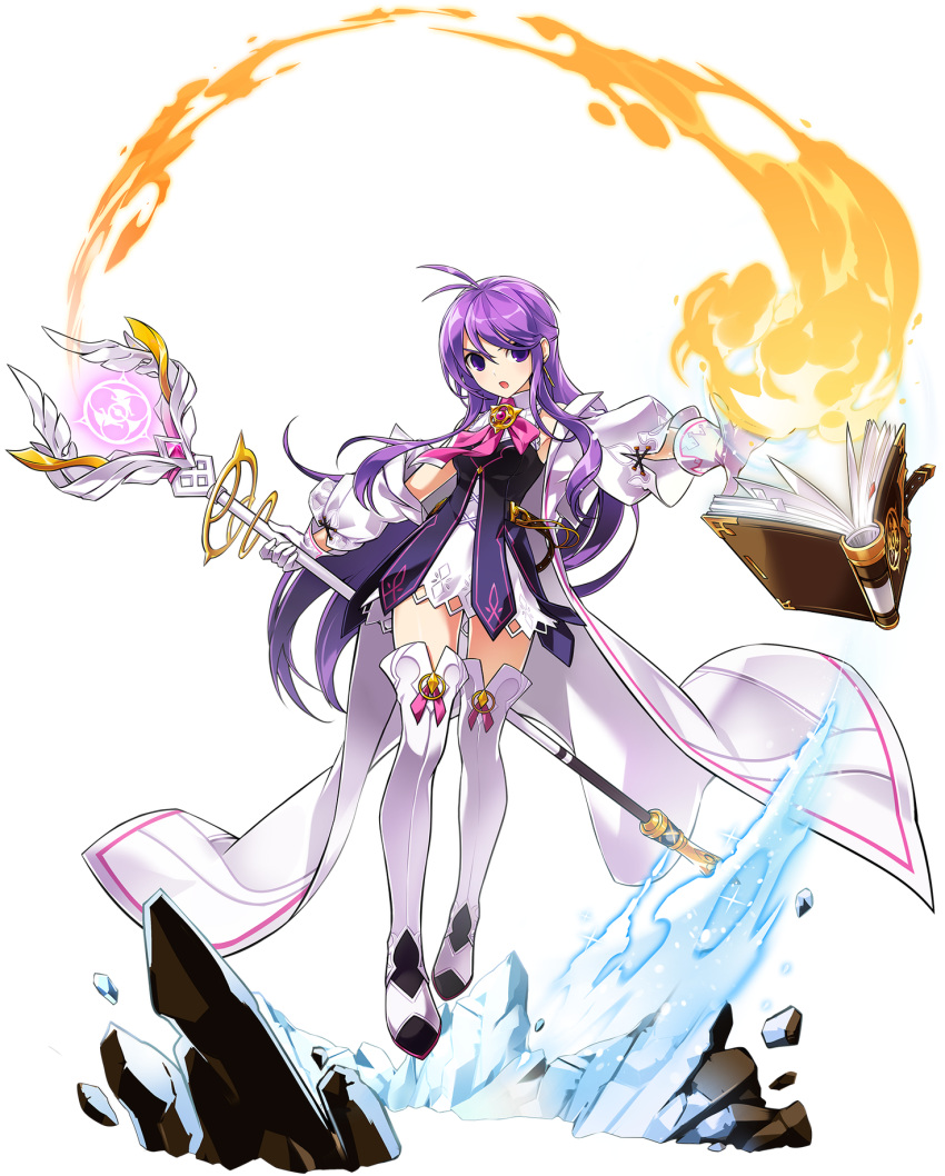 1girl aether_sage_(elsword) ahoge aisha_(elsword) artist_request book boots dress elsword fire floating full_body gloves highres holding holding_staff layered_dress long_hair looking_at_viewer magic official_art pink_neckwear purple_hair serious solo staff thigh-highs thigh_boots transparent_background violet_eyes white_coat white_dress white_footwear white_gloves