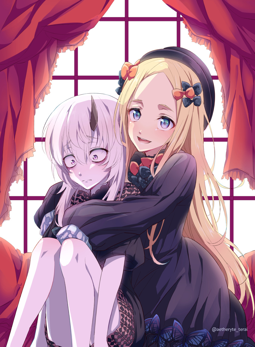 2girls abigail_williams_(fate/grand_order) absurdres artist_name bags_under_eyes black_dress blonde_hair blue_eyes bow butterfly constricted_pupils curtains dress eteraito fate_(series) grey_eyes hair_bow hat highres horn hug hug_from_behind lavinia_whateley_(fate/grand_order) long_hair multiple_girls orange_bow polka_dot polka_dot_bow sitting very_long_hair white_hair window