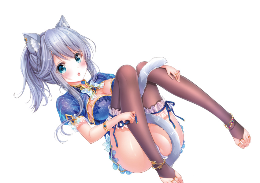 1girl :o animal_ears bangs between_legs black_legwear blue_dress blue_eyes blue_ribbon blush bow bowtie breasts bridal_legwear cat_ears cat_girl cat_tail china_dress chinese_clothes cleavage commentary_request dress eyebrows_visible_through_hair fang feet frilled_legwear hair_between_eyes hand_on_leg holding jewelry long_hair looking_at_viewer lying no_shoes on_back original parted_lips pink_lips ponytail puffy_short_sleeves puffy_sleeves ribbon ring sakura_moyon short_sleeves sidelocks silver_hair simple_background solo tail tail_between_legs thigh-highs toeless_legwear toes wallpaper white_background