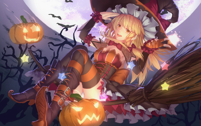 1girl :d absurdres alternate_costume bakanoe bat blonde_hair bow breasts cleavage dress eyebrows_visible_through_hair fingerless_gloves floating_hair full_moon gloves hair_bow halloween_costume hat hat_bow high_heels highres kirisame_marisa long_hair looking_at_viewer medium_breasts moon night open_mouth orange_gloves outdoors pumpkin red_bow sitting smile solo star strapless strapless_dress striped striped_legwear thigh-highs touhou twintails witch_hat yellow_eyes