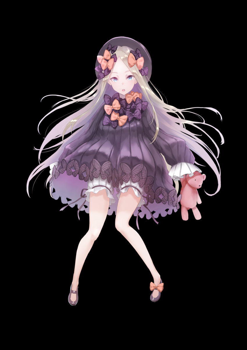 1girl :o abigail_williams_(fate/grand_order) absurdres black_background black_bow black_dress blonde_hair blue_eyes bow dress fate/grand_order fate_(series) hair_bow hands_in_sleeves highres kachayori long_hair long_sleeves looking_at_viewer orange_bow simple_background solo stuffed_animal stuffed_toy teddy_bear very_long_hair