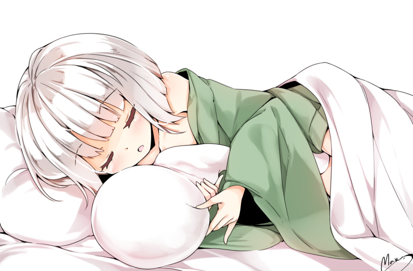 1girl artist_name bangs bare_shoulders bed_sheet blanket blunt_bangs blush closed_eyes collarbone cowboy_shot eyebrows_visible_through_hair green_pajamas hug japanese_clothes konpaku_youmu konpaku_youmu_(ghost) maremay0513 off_shoulder open_mouth pajamas pillow short_hair signature silver_hair simple_background sleeping solo touhou under_covers white_background wide_sleeves