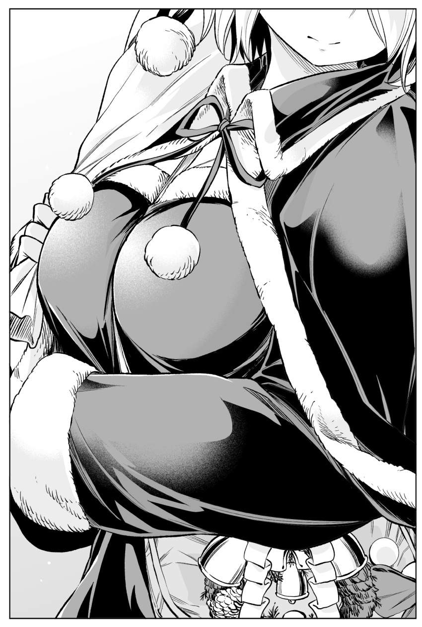 1girl 3: breasts capelet close-up closed_mouth fur_trim greyscale hair_over_one_eye head_out_of_frame highres holding large_breasts long_sleeves monochrome nande_koko_ni_sensei_ga!? sack santa_costume short_hair soborou solo wreath
