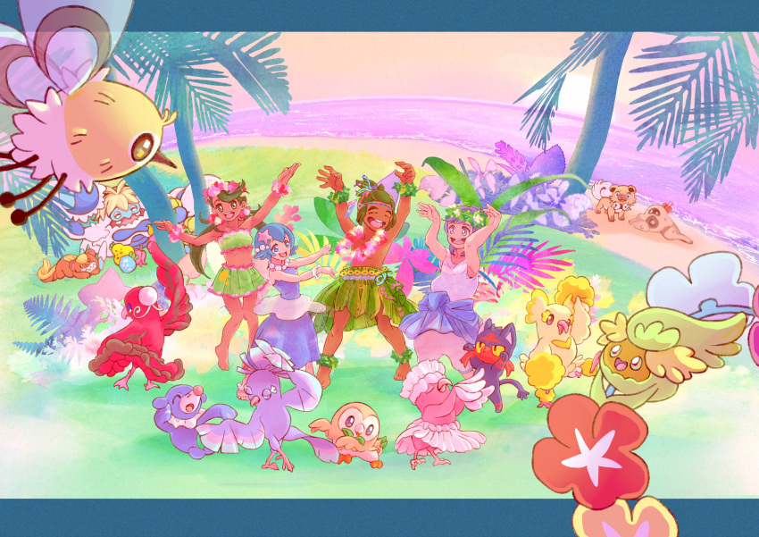 2boys 2girls absurdres beach berry bird cat comfey cutiefly fern flower grass grass_skirt hau_(pokemon) head_wreath highres hula jewelry lei litten mallow_(pokemon) multiple_boys multiple_girls necklace ocean oricorio owl palm_tree palossand pearl_necklace pokemon pokemon_(game) pokemon_sm pokemon_ultra_sm popplio rockruff rowlet sand sea_star_hair_ornament seal suiren_(pokemon) sun sunset tree tsunetowako water you_(pokemon_sm)