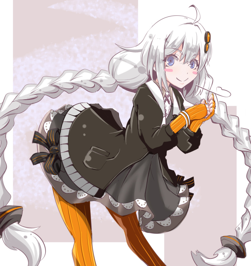 1girl black_dress black_jacket blue_eyes blush bow bracelet dress fingerless_gloves highres jacket kizuna_akari long_hair orange_legwear smile stockings twin_braids twintails voiceroid white_hair