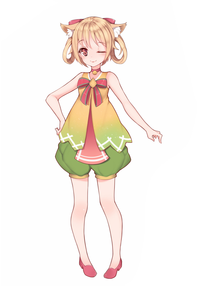 1girl absurdres animal_ears bangs bare_arms bare_shoulders bell blush bow brown_hair choker eyebrows_visible_through_hair full_body green_shorts hair_bow hanami_dango_(zzldango) high_heels highres jingle_bell looking_at_viewer one_eye_closed original pigeon-toed pink_footwear puffy_shorts red_bow red_choker red_eyes ribbon shorts simple_background sleeveless smile solo standing vest white_background