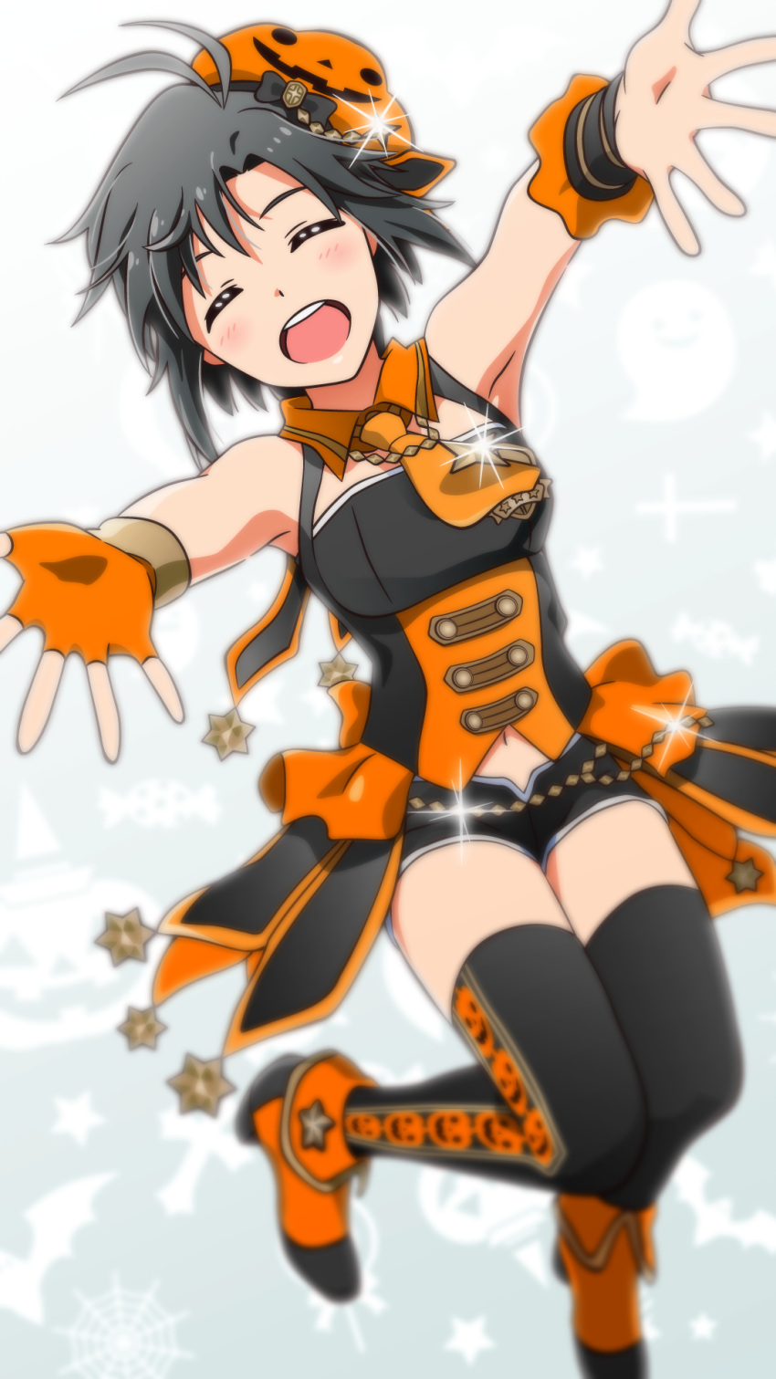 1girl akizuki_ritchan antenna_hair asymmetrical_gloves black_hair black_legwear black_shorts closed_eyes fingerless_gloves gloves high_heels highres idolmaster kikuchi_makoto navel open_mouth orange_gloves outstretched_arms pumpkin_hat short_hair short_shorts shorts sleeveless solo sparkle thigh-highs wrist_cuffs