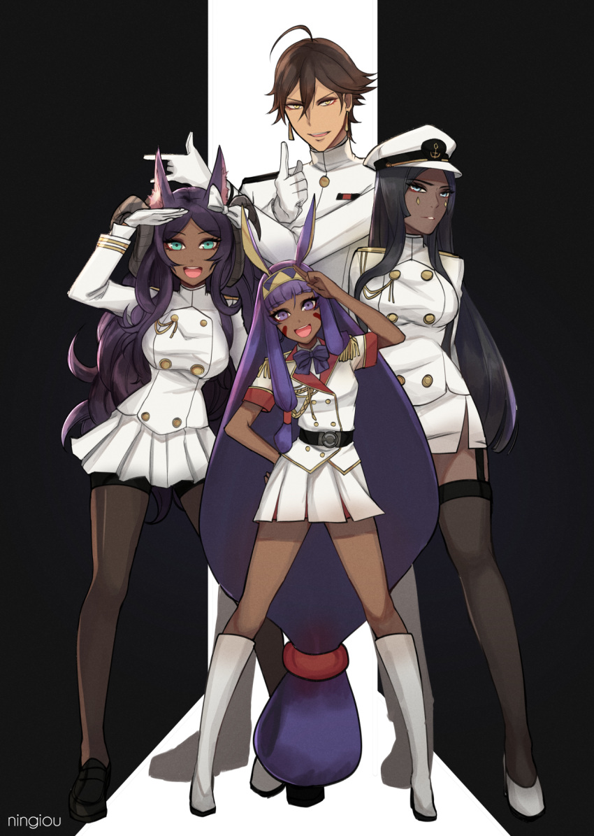 1boy 3girls :d absurdly_long_hair animal_ears aqua_eyes arms_behind_back bangs belt black_hair black_legwear blue_eyes blunt_bangs breasts brown_hair dark_skin double-breasted earrings epaulettes fate/grand_order fate/prototype fate/prototype:_fragments_of_blue_and_silver fate_(series) garter_straps gloves grin hairband hand_on_hip hat highres horns jackal_ears jewelry kyou_(ningiou) loafers long_hair looking_at_viewer low-tied_long_hair military military_hat military_uniform miniskirt multiple_girls nitocris_(fate/grand_order) open_mouth pantyhose pleated_skirt purple_hair queen_of_sheba_(fate/grand_order) rider_(fate/prototype_fragments) salute scheherazade_(fate/grand_order) shoes skirt smile teeth thigh-highs uniform very_long_hair violet_eyes white_gloves yellow_eyes