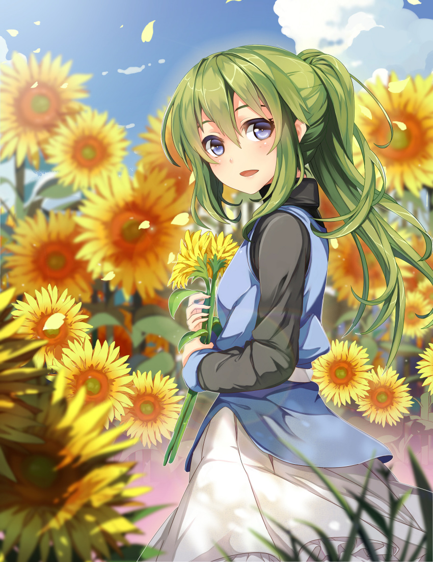 1girl :d absurdres akizone black_shirt blue_eyes blue_sky blue_vest blurry blurry_background blurry_foreground blush clouds depth_of_field field flower flower_field from_side grass green_hair hair_between_eyes highres holding holding_flower long_hair looking_at_viewer looking_to_the_side open_mouth original ponytail shirt skirt sky smile solo standing sunflower vest white_skirt