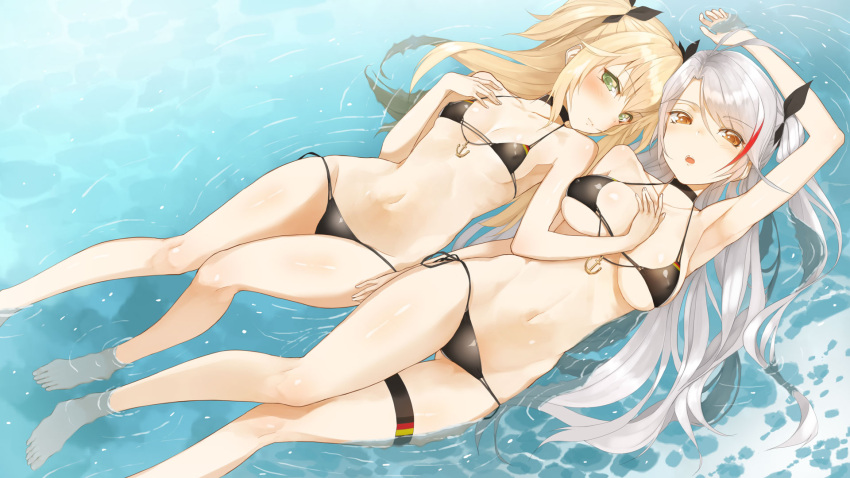 2girls admiral_hipper_(azur_lane) arm_up armpits azur_lane barefoot bikini black_bikini blonde_hair breasts brown_eyes choker cleavage closed_mouth green_eyes highres large_breasts long_hair looking_at_viewer lying multicolored_hair multiple_girls on_back outdoors parted_lips partially_submerged prinz_eugen_(azur_lane) side-tie_bikini silver_hair small_breasts streaked_hair string_bikini swimsuit thigh_strap throtem two_side_up