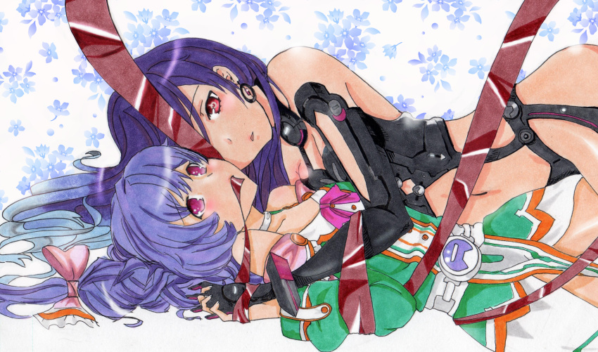 2girls absurdres bare_shoulders blue_hair blush braid choker dual_persona highres hug interlocked_fingers iris_heart kami_jigen_game_neptune_v long_hair lying multiple_girls navel neptune_(series) on_back purple_hair pururut red_eyes symbol-shaped_pupils very_long_hair