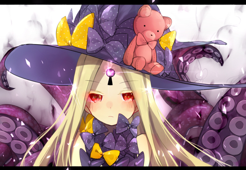 1girl abigail_williams_(fate/grand_order) bangs bare_shoulders blush bow closed_mouth eyebrows_visible_through_hair fate/grand_order fate_(series) glowing hat keyhole long_hair looking_at_viewer parted_bangs polka_dot polka_dot_bow purple_bow purple_hat red_eyes ruto_(rutodesu) solo stuffed_animal stuffed_toy suction_cups teddy_bear tentacle witch_hat yellow_bow