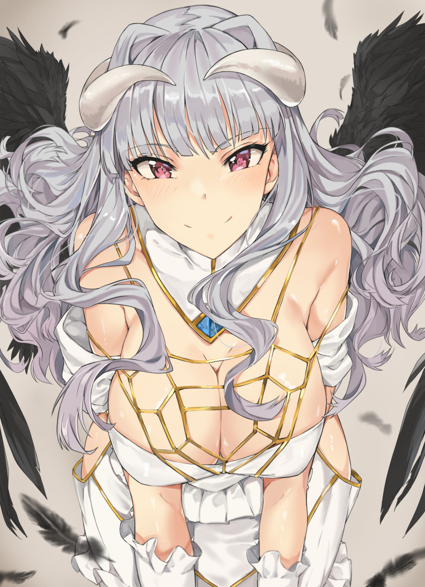 1girl albedo albedo_(cosplay) bare_shoulders black_wings blush breasts cleavage cosplay demon_horns demon_wings dress feathers gloves grey_background hair_intakes hara_yumi highres hip_vent horns idolmaster large_breasts leaning_forward long_hair looking_at_viewer overlord_(maruyama) seiyuu_connection shijou_takane side_cutout silver_hair smile solo tuxedo_de_cat violet_eyes white_dress white_gloves wings