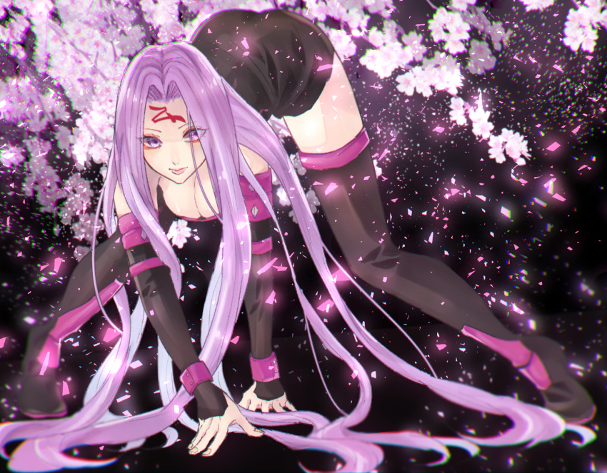 1girl absurdly_long_hair all_fours black_dress black_footwear boots breasts cleavage detached_sleeves dress fate/stay_night fate_(series) full_body highres long_hair medium_breasts pink_lips purple_hair rider short_dress sleeveless sleeveless_dress smile solo strapless strapless_dress thigh-highs thigh_boots very_long_hair violet_eyes white_flower zettai_ryouiki