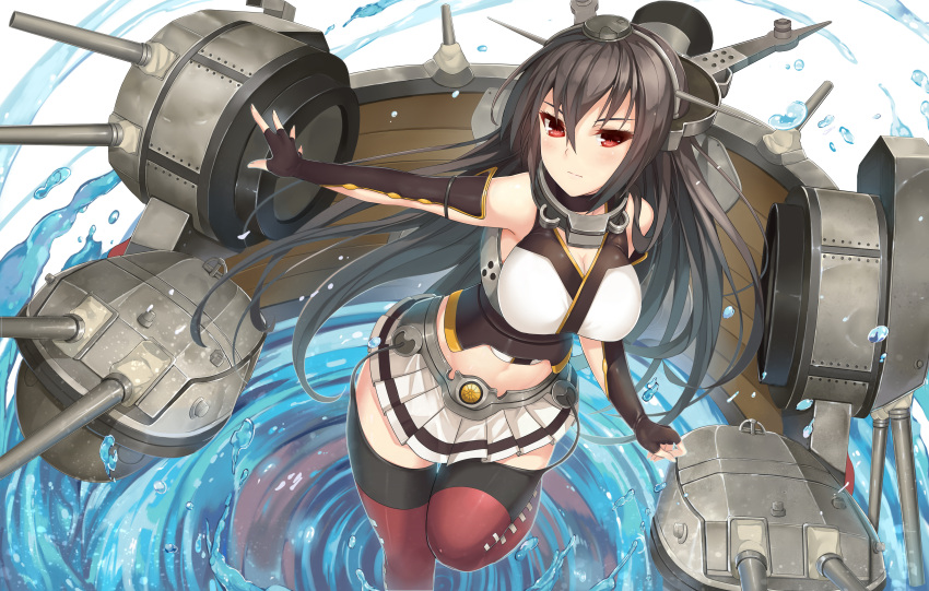 1girl absurdres akizone bare_shoulders black_hair black_legwear blush boots breasts brown_hair cannon cleavage closed_mouth elbow_gloves fingerless_gloves gloves hair_between_eyes hair_ornament hairband headgear highres huge_filesize kantai_collection large_breasts long_hair looking_at_viewer midriff nagato_(kantai_collection) navel red_eyes red_footwear red_legwear skirt solo standing standing_on_one_leg thigh-highs thigh_boots turret water