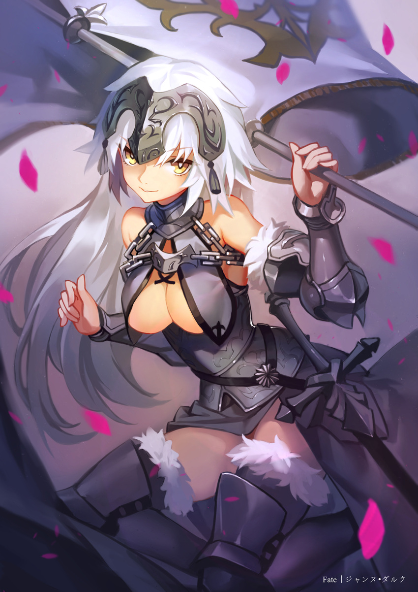 1girl arm_up banner bare_shoulders breasts center_opening chains character_name cleavage copyright_name elbow_gloves eyebrows_visible_through_hair fate/grand_order fate_(series) felix_(felix901123) fur-trimmed_gloves fur-trimmed_legwear fur_trim gloves gorget hand_up headpiece highres holding_flag jeanne_d'arc_(alter)_(fate) jeanne_d'arc_(fate)_(all) knee_pads long_hair looking_at_viewer petals plackart sidelocks silver_hair smirk smug solo standard_bearer sword tassel thigh-highs vambraces weapon zettai_ryouiki