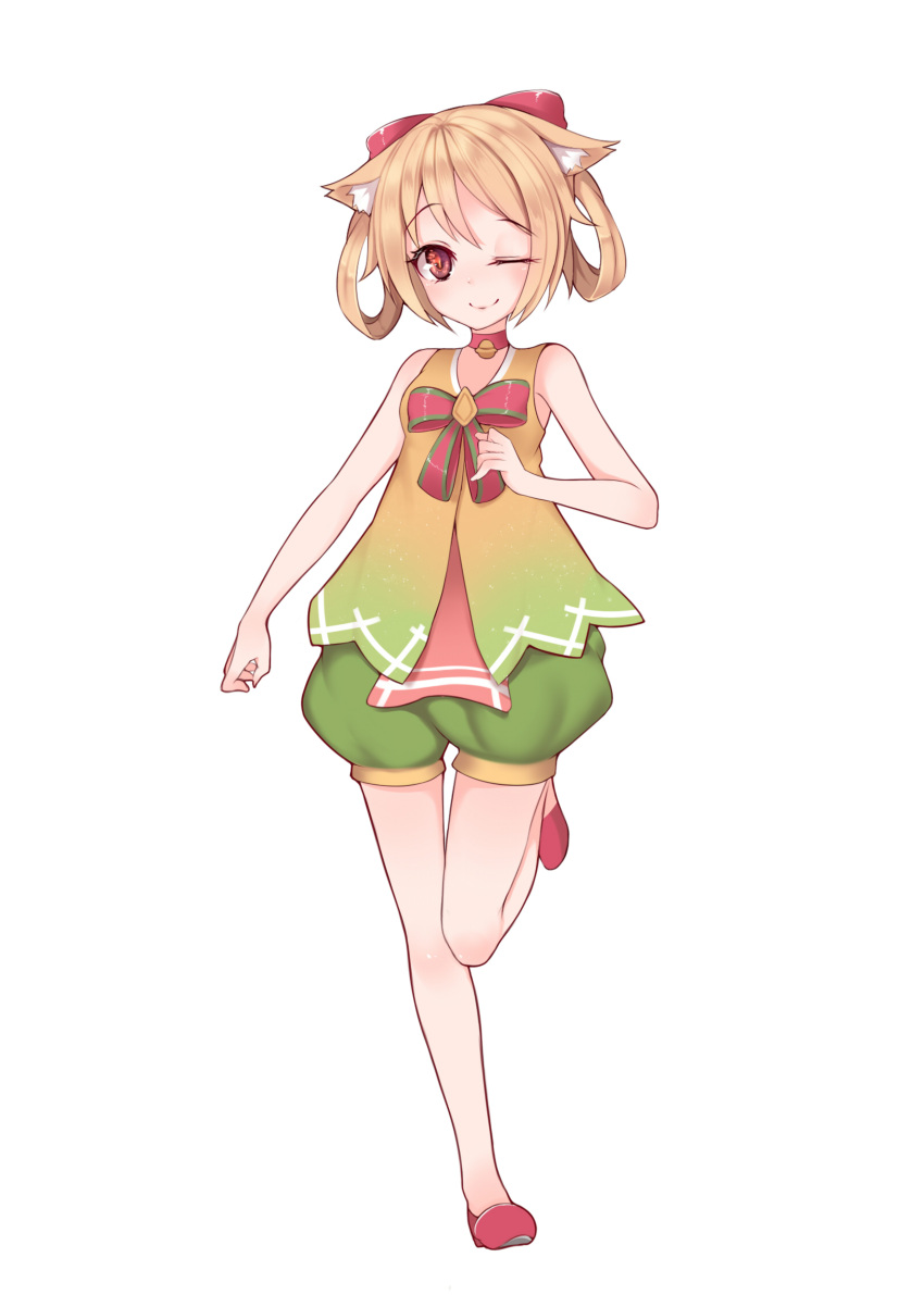1girl absurdres animal_ears bangs bare_arms bare_shoulders bell blush bow brown_hair choker eyebrows_visible_through_hair full_body green_shorts hair_bow hanami_dango_(zzldango) high_heels highres jingle_bell looking_at_viewer one_eye_closed original pink_footwear puffy_shorts red_bow red_choker red_eyes ribbon shorts simple_background sleeveless smile solo standing standing_on_one_leg vest white_background