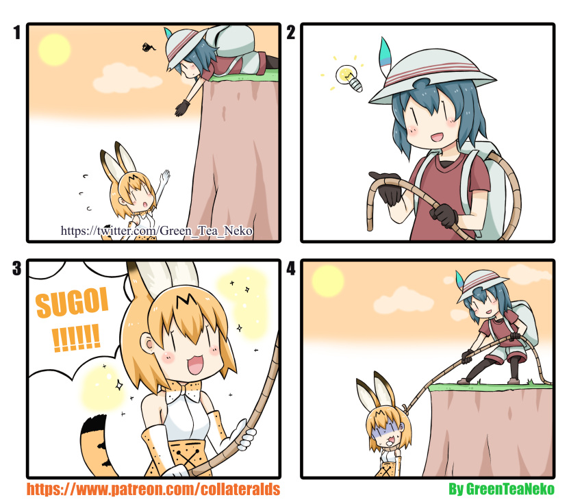 4koma :3 absurdres animal_ears artist_name asphyxiation bag black_gloves blonde_hair blush_stickers bow bucket_hat cliff clouds comic elbow_gloves feathers flying_sweatdrops foaming_at_the_mouth gloves grass greenteaneko hat highres idea kaban_(kemono_friends) kemono_friends light_bulb open_mouth orange_sky pulling reaching red_shirt rope rope_around_neck serval_(kemono_friends) serval_ears serval_print serval_tail shirt short_hair shorts sky sparkle squiggle sun t-shirt tail turn_pale twitter_username you're_doing_it_wrong |_|