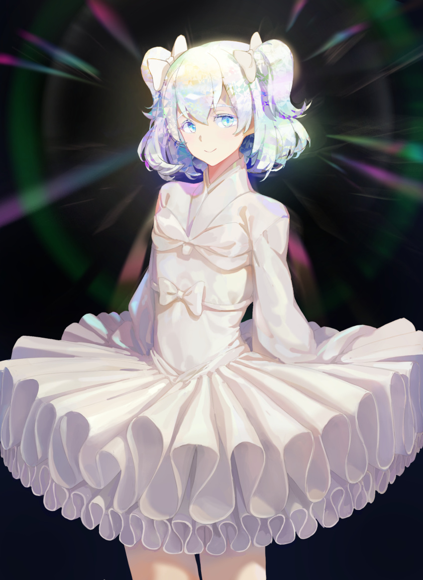 androgynous arms_at_sides bangs black_background blue_eyes blush bow closed_mouth colored_eyelashes cowboy_shot diamond_(houseki_no_kuni) dress eyelashes frilled_dress frills glowing hair_bow highres houseki_no_kuni layered_dress long_sleeves looking_at_viewer multicolored_hair rainbow_hair shiny shiny_hair short_hair shuang_ye smile solo standing thick_eyebrows two_side_up white_bow white_dress
