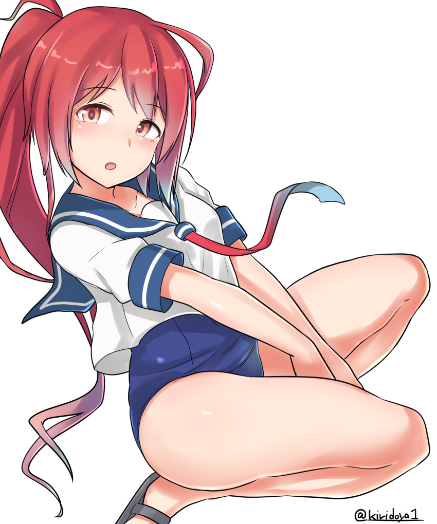 1girl absurdres hair_ribbon highres i-168_(kantai_collection) kantai_collection kiritto long_hair looking_at_viewer one-piece_swimsuit open_mouth ponytail red_eyes redhead ribbon sandals school_swimsuit school_uniform serafuku sitting solo swimsuit swimsuit_under_clothes twitter_username wariza