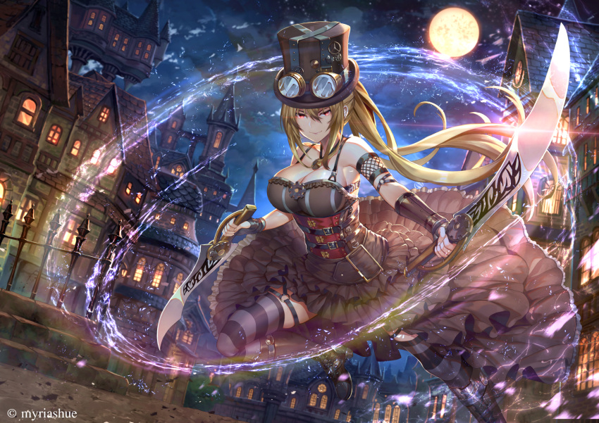 1girl akizone armband armpits aura bare_shoulders belt blonde_hair blue_sky boots bracer breasts brown_dress brown_footwear brown_skirt city cleavage closed_mouth clouds cloudy_sky dress dual_wielding fence frilled_skirt frills full_moon glowing glowing_eyes goggles goggles_on_head hat highres holding holding_sword holding_weapon house large_breasts long_hair moon night night_sky original outdoors purple_legwear red_eyes reverse_grip skirt sky smile solo striped striped_legwear sword top_hat underbust watermark weapon