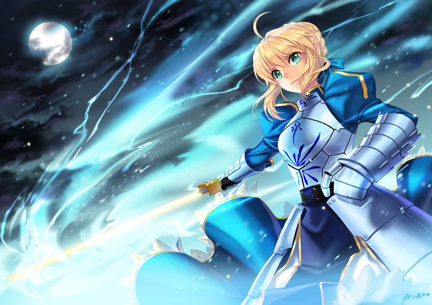 1girl ahoge armor armored_dress artoria_pendragon_(all) blonde_hair blue_dress briska dress eyebrows_visible_through_hair fate/stay_night fate_(series) full_moon gauntlets green_eyes hair_between_eyes holding holding_sword holding_weapon moon night outdoors saber short_hair_with_long_locks sidelocks signature solo standing sword weapon