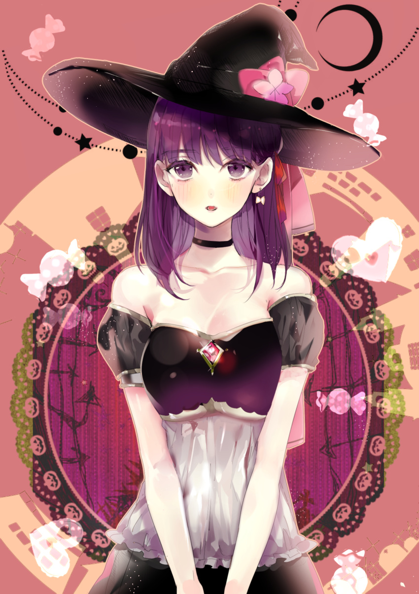 1girl black_hat blush breasts cleavage collarbone earrings eyebrows_visible_through_hair fate/stay_night fate_(series) hair_ribbon hat highres jewelry long_hair looking_at_viewer matou_sakura medium_breasts open_mouth prin_dog purple_hair red_ribbon ribbon solo strapless violet_eyes witch_hat