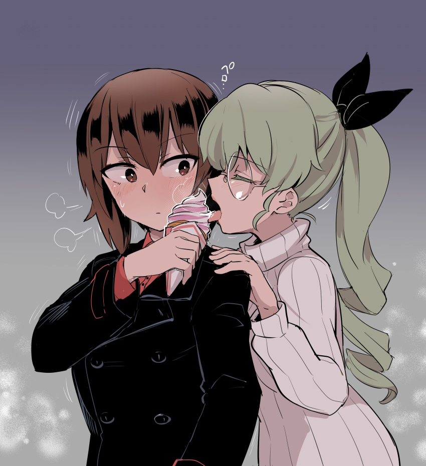 2girls absurdres alternate_hairstyle anchovy aomushi_(mushamusha) black_jacket black_ribbon blush brown_eyes brown_hair casual closed_eyes closed_mouth dress_shirt drill_hair eyebrows_visible_through_hair food fume girls_und_panzer glasses green_hair hair_ribbon hand_on_another's_shoulder highres holding holding_food ice_cream_cone jacket licking long_hair looking_at_another looking_back multiple_girls nishizumi_maho open_mouth ponytail red_shirt ribbed_sweater ribbon round_eyewear sharing_food shirt short_hair standing sweat sweater tongue tongue_out turtleneck white_sweater