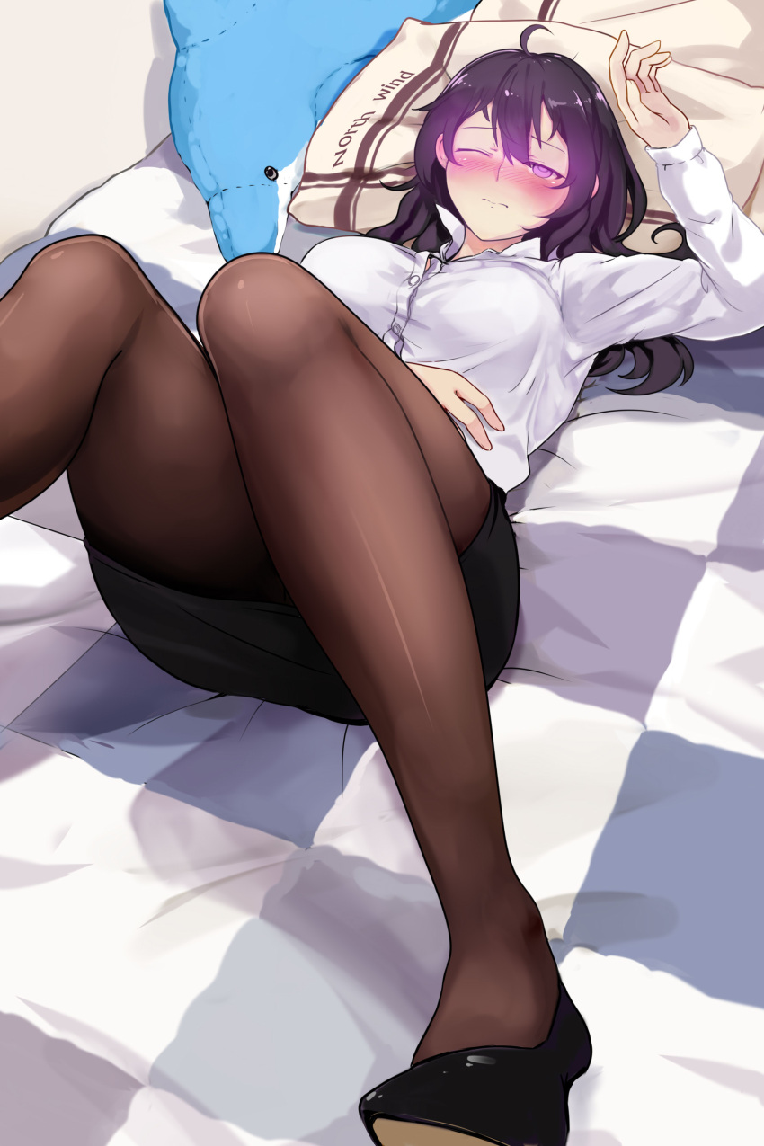 1girl 3: absurdres ahoge bangs bed beifeng_han black_footwear black_skirt blush breasts closed_mouth commentary_request dress_shirt ear_blush frown glowing glowing_eyes hair_between_eyes hand_on_own_stomach hand_up highres knees_up large_breasts long_hair long_sleeves lying miyaura_sanshio nose_blush on_back on_bed one_eye_closed original pantyhose pencil_skirt pillow purple_hair rolling_eyes shiny shiny_hair shirt shoes skirt solo stuffed_animal stuffed_dolphin stuffed_toy violet_eyes white_shirt